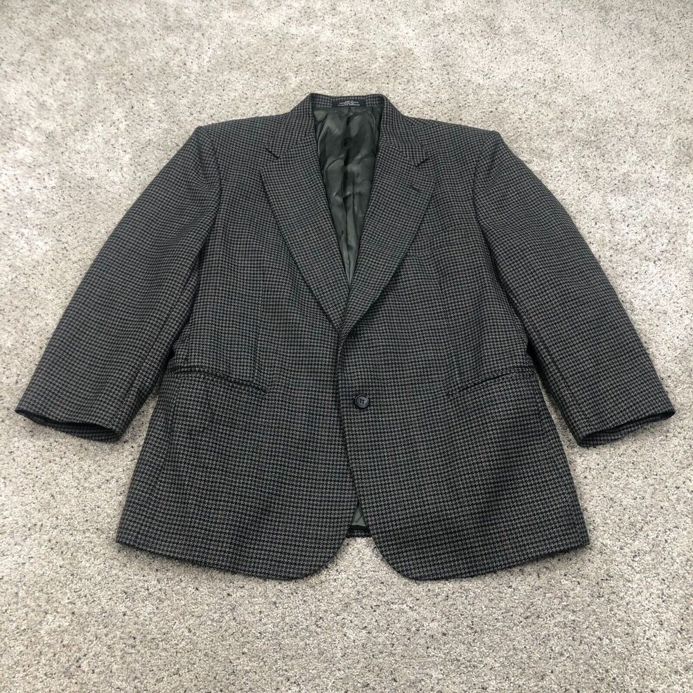 VINTAGE Stafford Blazer Mens 44S Gray Houndstooth Worsted Wool Sport Coat Jacket